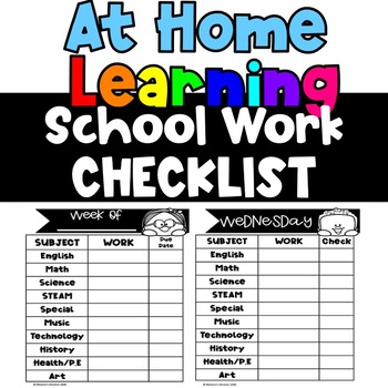 Preview of At Home Learning School Work Checklist EDITABLE
