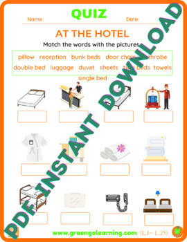 Preview of At The Hotel / ESL PDF QUIZ / (easy to check task)