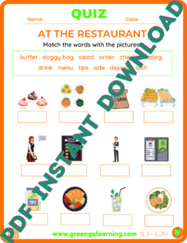 Preview of At The Restaurant / ESL PDF QUIZ / (easy to check task)