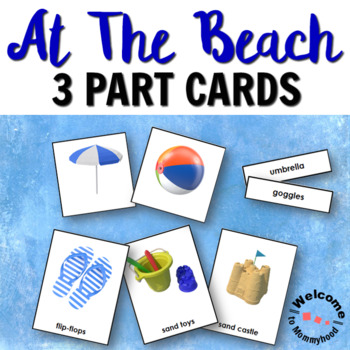 Preview of Montessori Beach Theme 3-Part Cards Summer Preschool Activities Cursive or Print