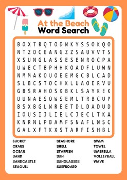 Preview of At the Beach Word Search Puzzle For Kids