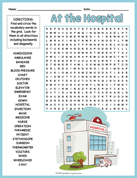 At the Hospital Word Search Worksheet by Puzzles to Print | TpT