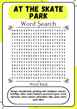 At the Skate Park : Word Search Puzzle Challenge Printable Activity Sheet