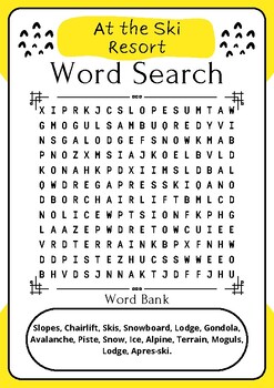 At the Ski Resort : Word Search Puzzle Challenge Printable Activity Sheet
