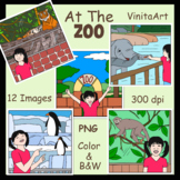 At the Zoo, Animal and girl clipart Illustrations, color and B&W