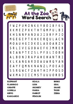 Preview of At the Zoo Word Search Puzzle For Kids