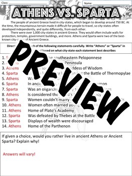 Athens vs Sparta Worksheet by Middle School History and Geography
