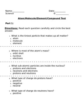 Preview of Atom Molecule, Element, Compound Test