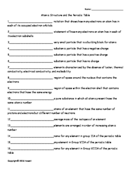 atomic structure and the periodic table quiz or worksheet for general chemistry