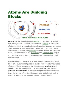 Preview of Atoms Are Building Blocks Cloze Assessement - great for sub plans!