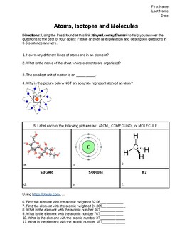 Preview of Atoms, Isotopes and Molecules Worksheet with Answer Key
