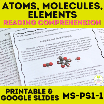 Preview of Atoms Molecules and Elements Reading Comprehension Google Slides Easel MS-PS1-1