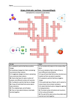 Preview of Atoms, Molecules, and Ions - Crossword Puzzle Worksheet (Printable)