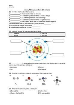 Preview of Atoms, Molecules, and Ions - Worksheet | Printable and Distance Learning
