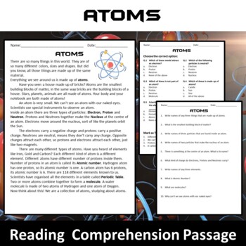 Preview of Atoms Reading Comprehension Passage and Questions - PDF