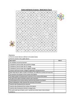 Preview of Atoms and Atomic Structure - Word Search Puzzle Worksheet Activity (Printable)