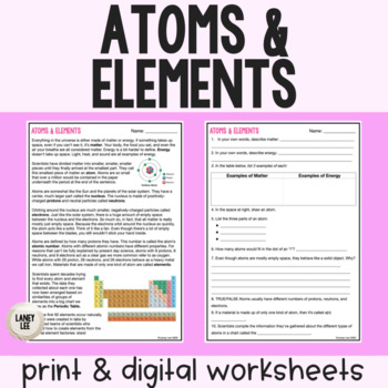 Preview of Atoms and Elements - Reading Comprehension Worksheets