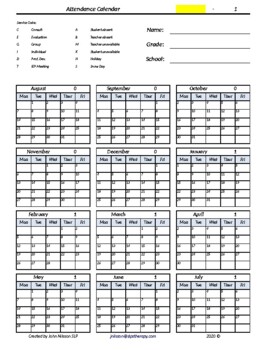 Attendance Calendar (edit year 2019-2023 easily) by SLPs Therapy Resources