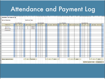 Preview of Attendance and Payment Log - Child Care Recordkeeping- Excel Spreadsheets