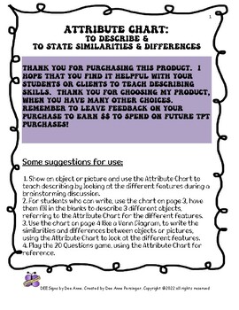 Preview of Attribute Chart:  Describing,  Similarities & Differences