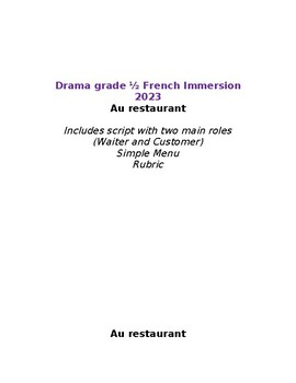 Preview of Au restaurant - grade one and two French immersion drama activity