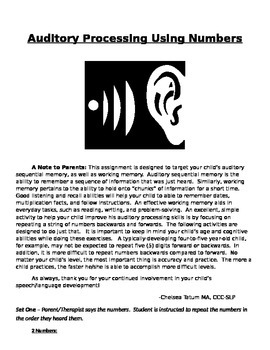 Preview of Auditory Processing - Repeating Numbers (Backwards and Forward) + Parent Handout