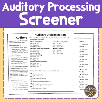Preview of Auditory Processing Screener Speech Therapy: auditory discrimination, memory...