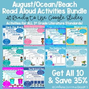 Preview of Aug. Ocean Beach Swimming Read Aloud Activities Bundle All 1st Grade Lit. Stand.