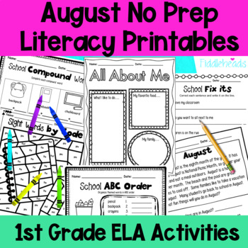 Preview of August 1st Grade No Prep Literacy Worksheet Packet + TpT EASEL 