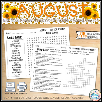 Preview of August Crossword and Word Search Activity {Digital & Printable Resources}