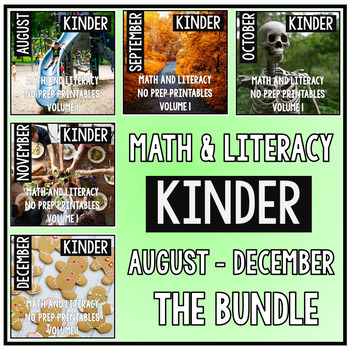 Preview of August  December BUNDLE Kindergarten Math and Literacy NO PREP