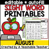 August Editable Sight Word Printables
