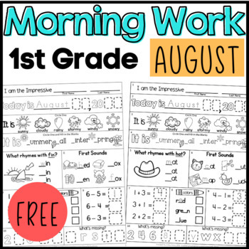 Preview of Free Morning Work for First Grade No Prep Spiral Math Differentiated AUGUST