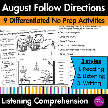 Preview of Follow the Directions & Listening Comprehension Skills August Coloring Pages 