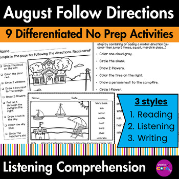 Preview of Following the Directions & Listening Comprehension Skills August Coloring Pages