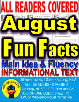 Preview of August Fun FACTS Close Reading 5 Leveled Passages w/ Main Idea Fluency & More