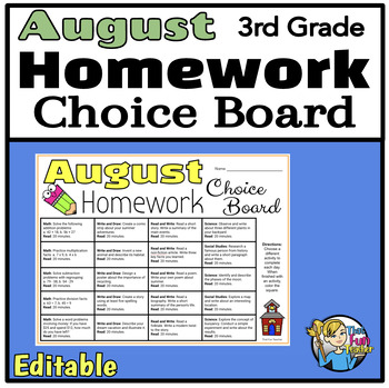 Preview of August 3rd Grade Homework Choice Board - Engaging Daily Activities