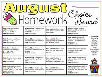 3rd grade homework choice board