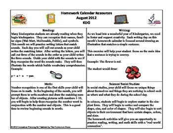 Preview of August KDG Homework Calendar Publisher Version