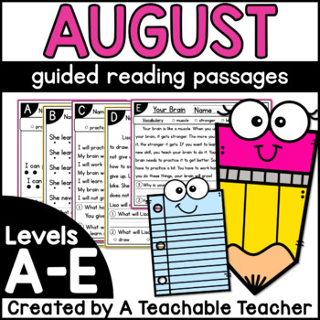 Preview of August Kindergarten Guided Reading Passages and Questions Levels A-E