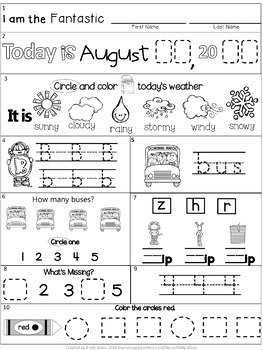 August Kindergarten Morning Work FREEBIE (Common Core) by Emily Ames