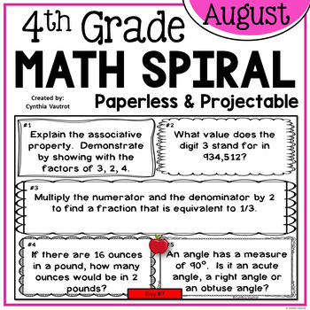 Preview of August Daily Math Review Spiral for 4th grade (Common Core)