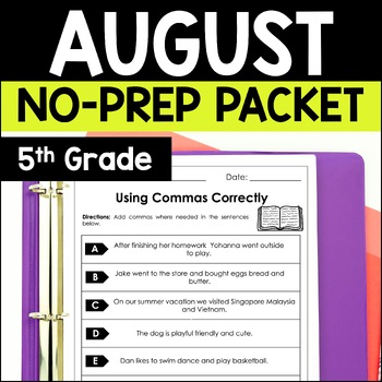 Preview of August Math and Reading Packet | 5th Grade Back to School Activities