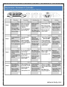 Preview of August-May Homework Calendars for PreK, K, 1st and 2nd Grades!-Full School Year!