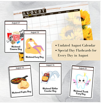 Preview of August National Days Flashcards and FREE Undated August Printable Calendar,