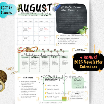 Preview of August Newsletter, Camp Newsletter, Summer Newsletter, EDITABLE Class Newsletter
