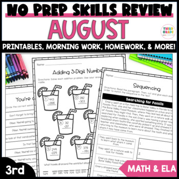 Preview of August No Prep Skills Review - ELA & Math - 3rd Grade
