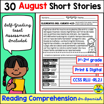 Preview of August Reading Comprehension Passages In Spanish Print and Digital