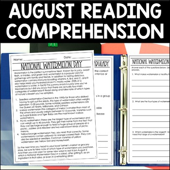 Preview of August Reading Comprehension Passages | Monthly Reading Passages