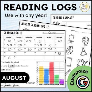 Preview of August Reading Logs - Editable Reading Log with Parent Signature & Summary Pages